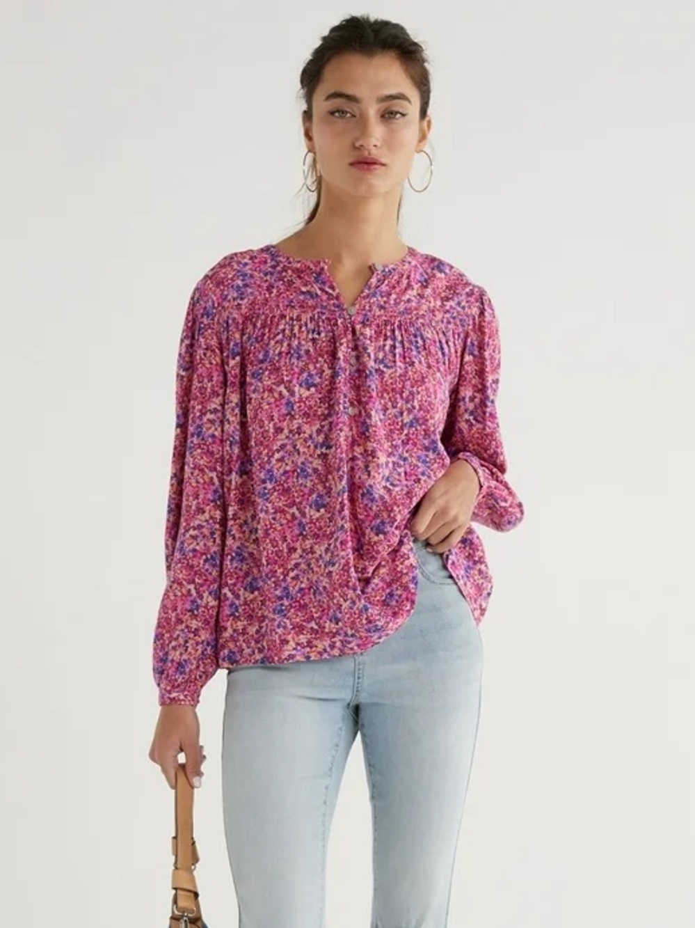 🦒Time and Tru Pink Floral Long-Sleeve Peasant Blouse size XL - Picture 1 of 5